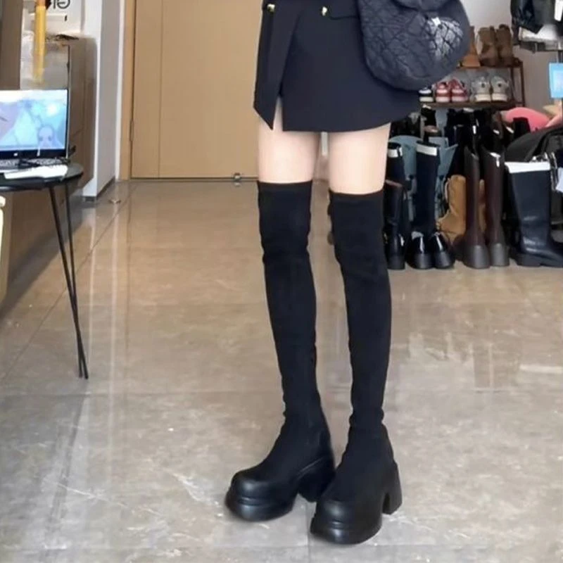 美式过膝靴女2024秋季显瘦厚底粗跟长筒靴小个子高跟弹力瘦瘦靴