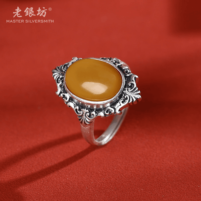 s925银蜜蜡复古花纹单戒 00311395