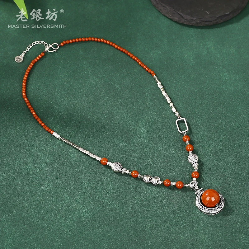 【老银坊】s925银南红转运珠碎银套链 0022791