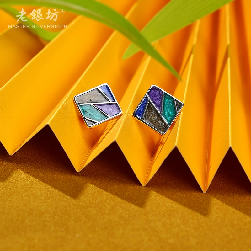 【老银坊】s925银彩方块耳扣 0015101