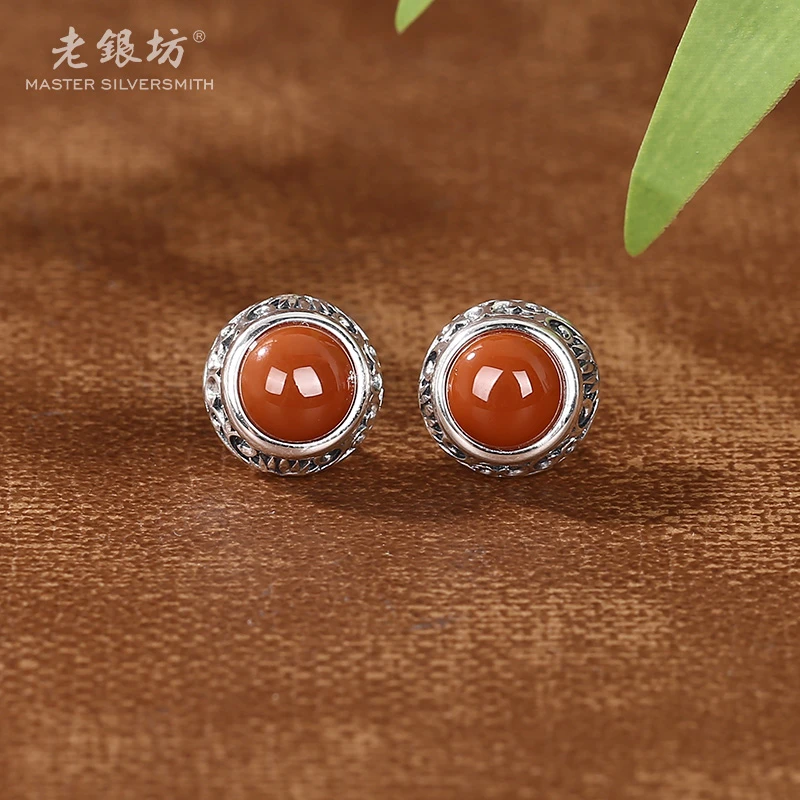 【老银坊】s925银玛瑙卷草纹圆珠耳钉 0011664