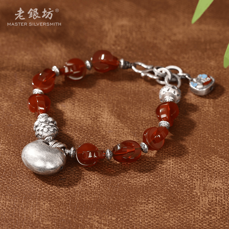 老银坊s925银红玛瑙环环相扣小锁手链 0033866