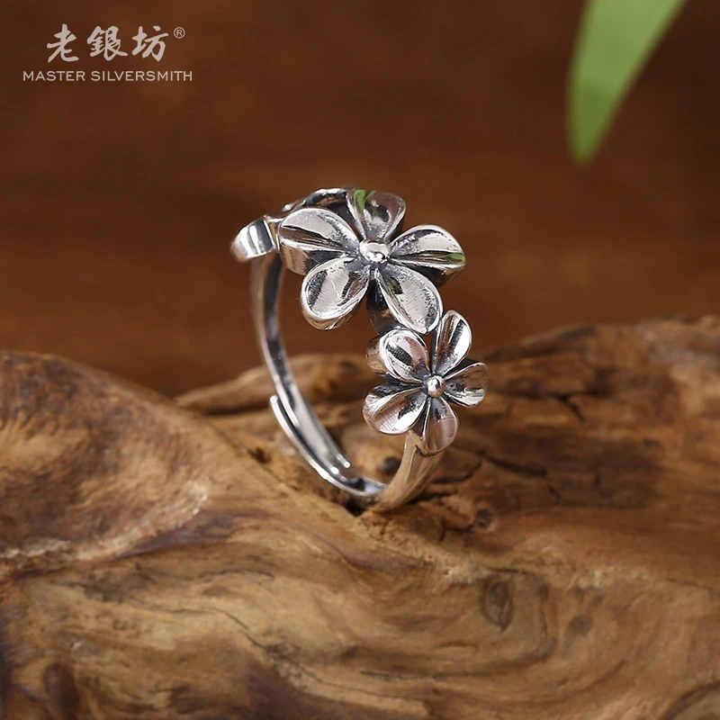 老银坊 925银戒指 三朵花指环开口新款女士生日礼物送妈妈0031659