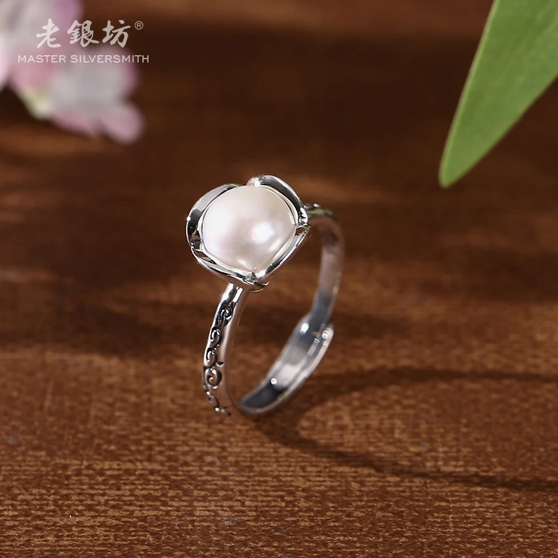 老银坊s925银花朵珍珠单戒 00311627