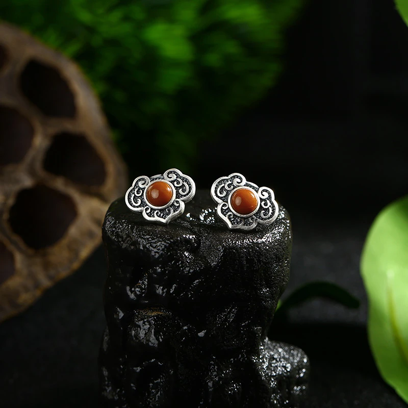 【老银坊】s925银复古玛瑙如意耳钉 0011019