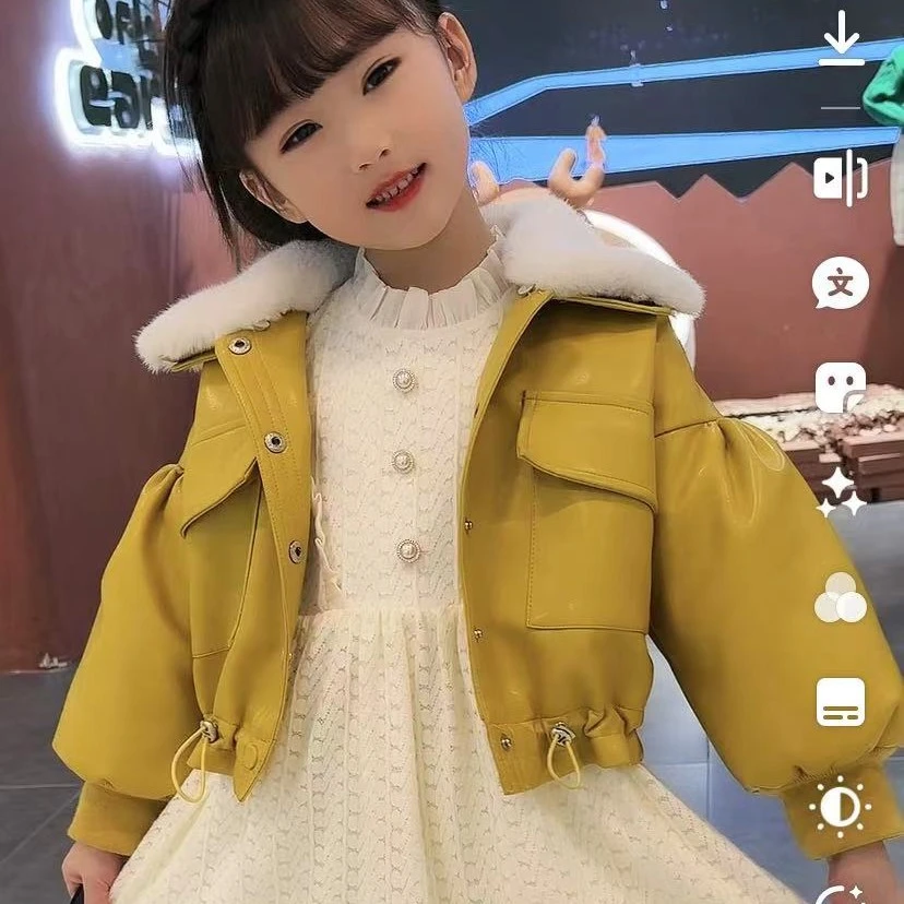 【贝贝优品】女童2024冬季韩版加绒皮夹克毛领皮衣