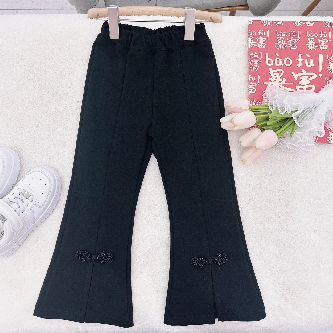 【贝贝优品】冬季加绒女童新款童装 洋气百搭休闲裤 国风开衩喇叭裤