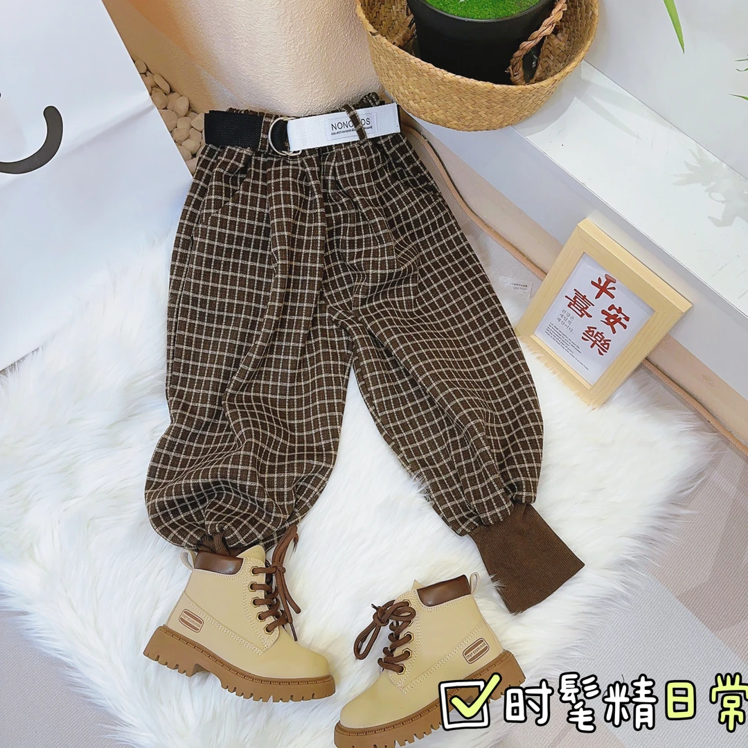 【贝贝优品】秋冬季女童新款 时尚潮童百搭 加绒马丁裤格子裤