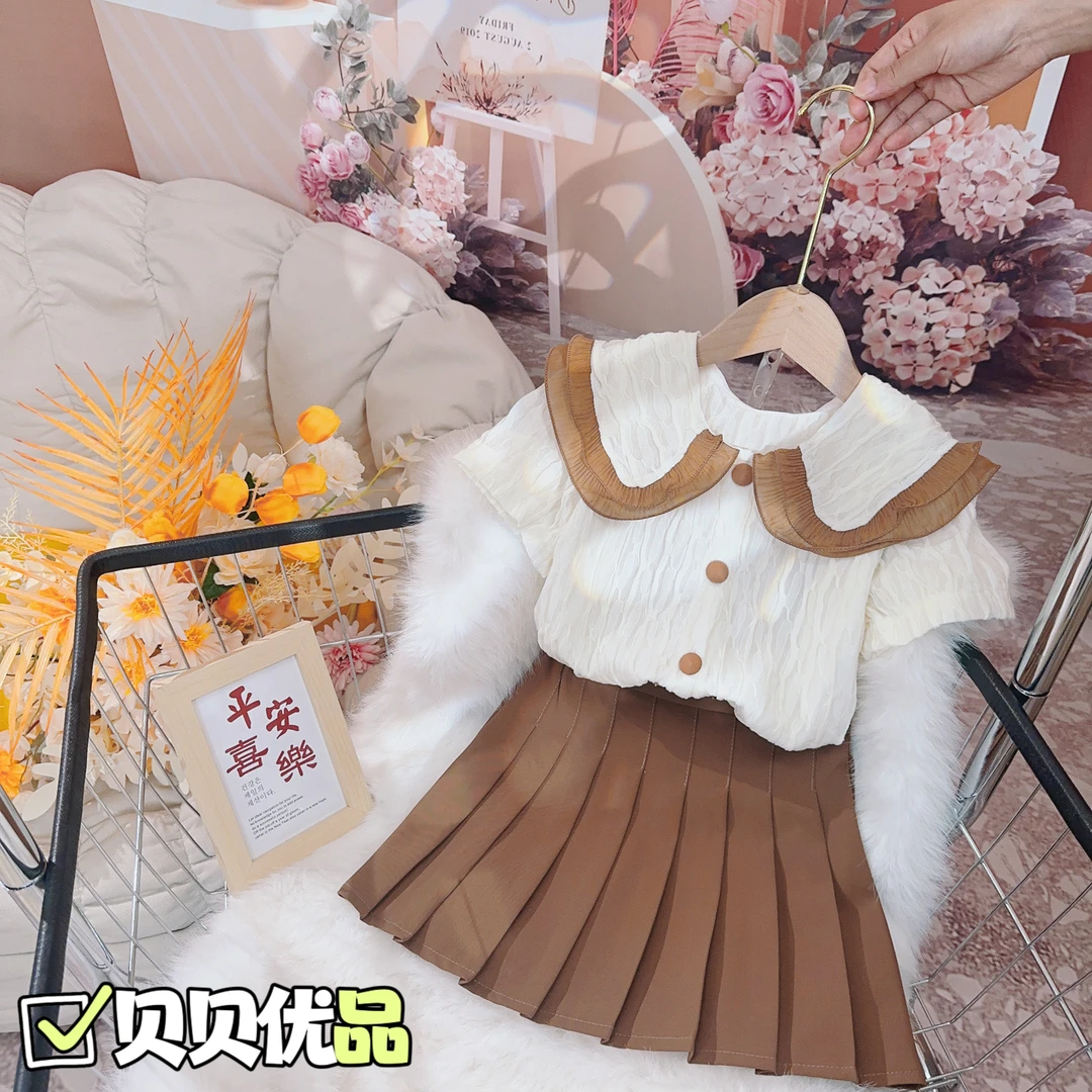 【贝贝优品】夏季2025新款女童 气质百搭翻领捏褶衬衫百褶裙套装