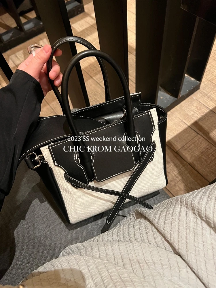 [宵九儿小众设计]帆布拼牛皮小方包通勤斜挎手提包