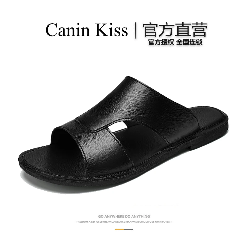 法国Canin Kiss正品高档轻奢真皮男拖鞋夏季男士外穿休闲一字拖凉