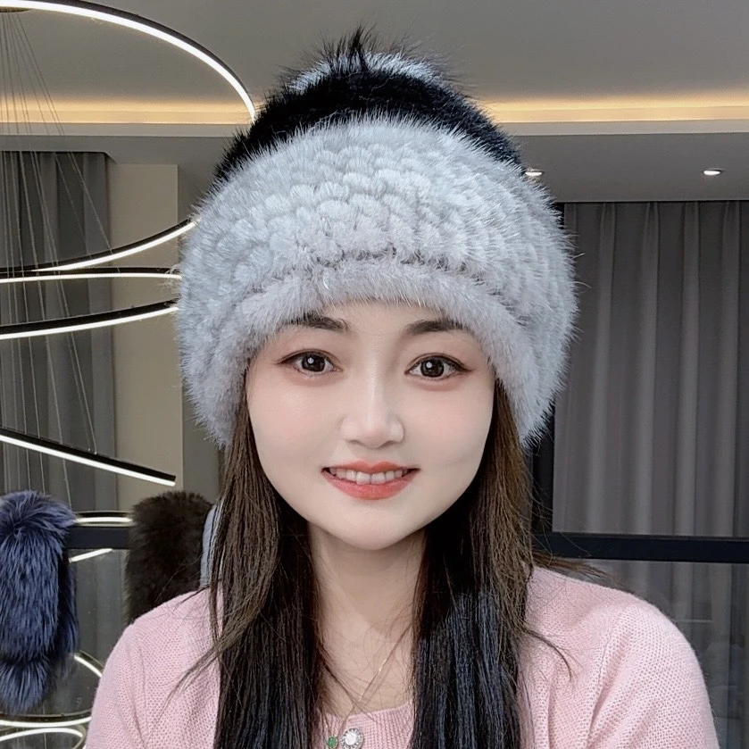 【致青春】新款水貂帽子女韩版时尚洋气帽子真毛狐狸毛雪