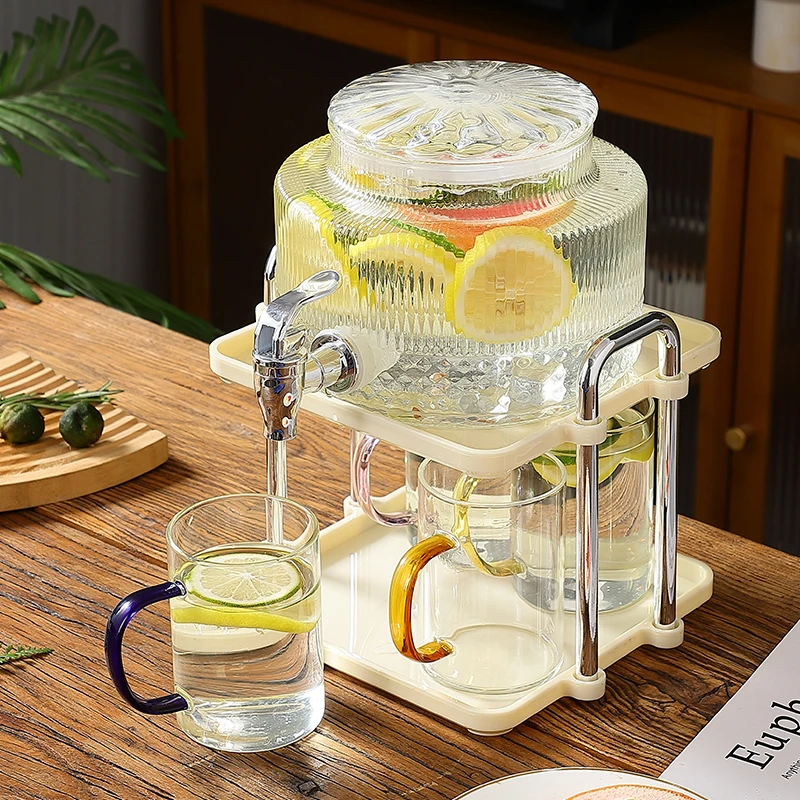 轻奢冷水壶带龙头耐高温玻璃凉水壶大容量家用水杯套装果茶饮料桶