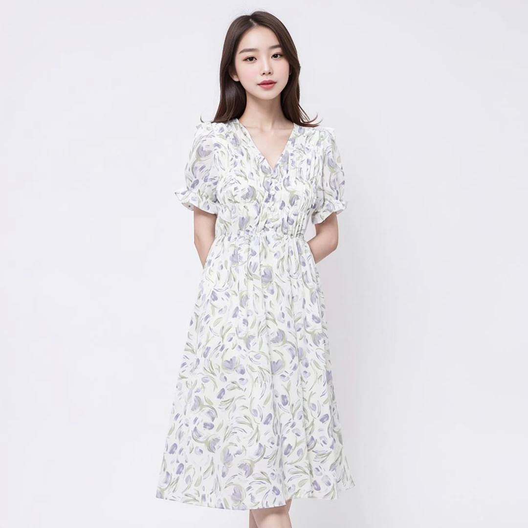 甜美印花腰部打揽泡泡袖修身显瘦女装连衣裙2303002700102