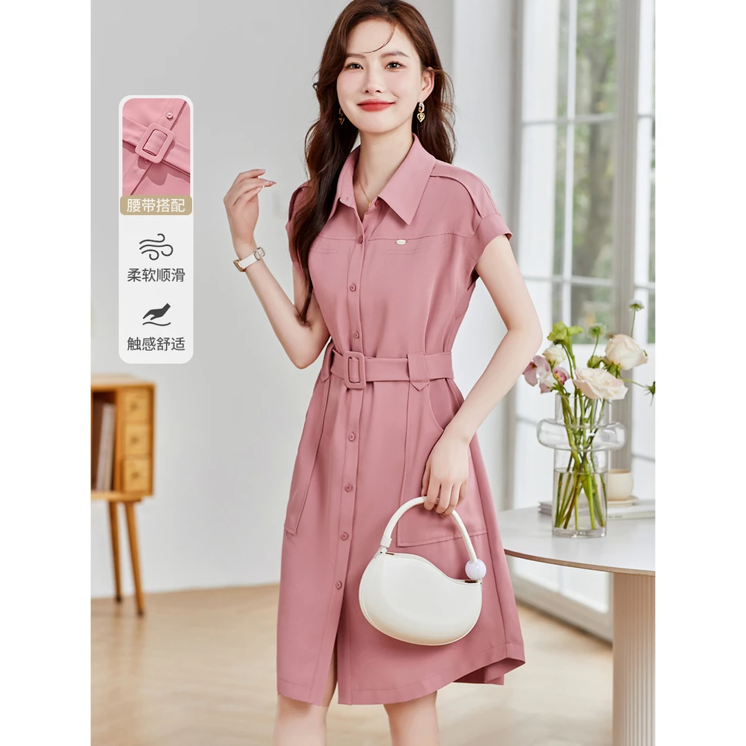 24夏气质工装风A字裙百搭翻领口袋设计含腰带连衣裙2401018440102