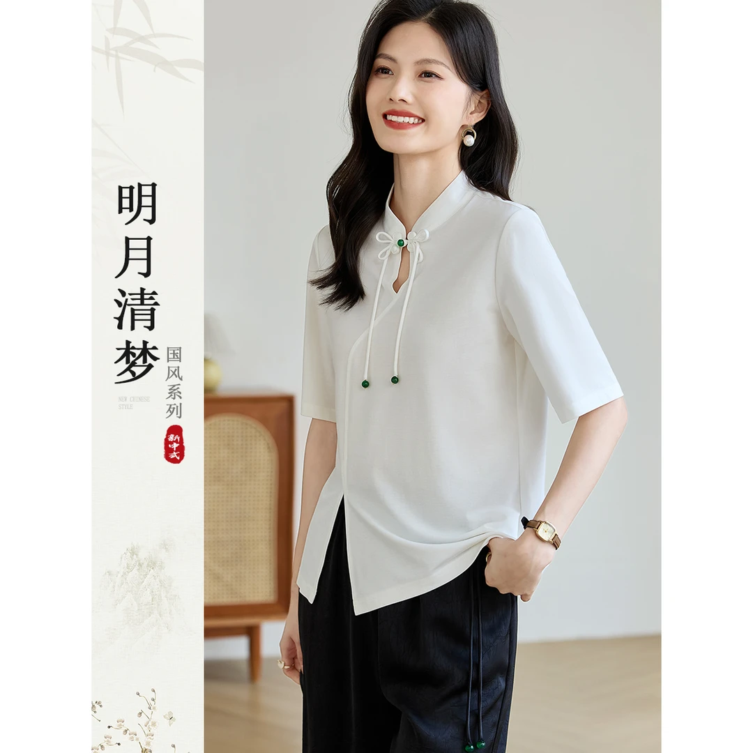 24夏季中式设计上衣短袖通勤简约T恤女2403015420101