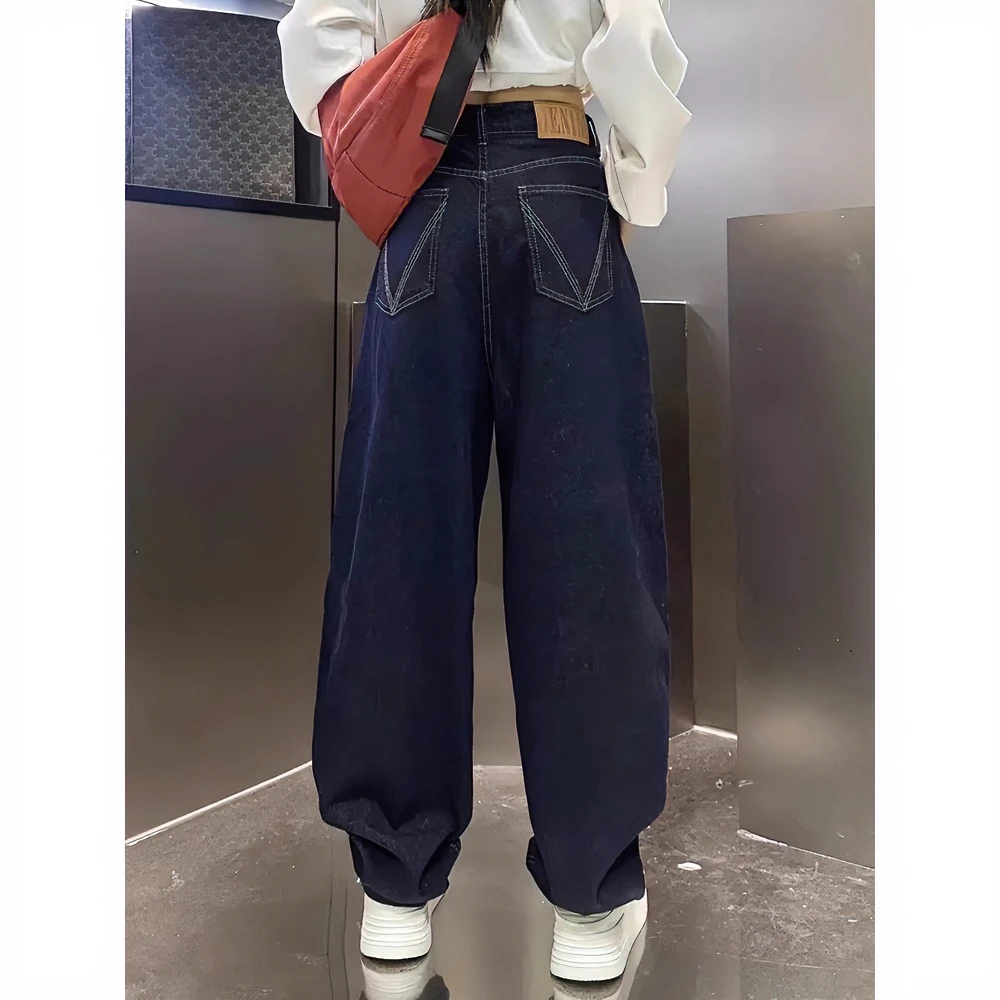 2024春秋季新款哈伦牛仔裤胖mm高腰宽松显瘦弯刀裤大码阔腿老爹裤