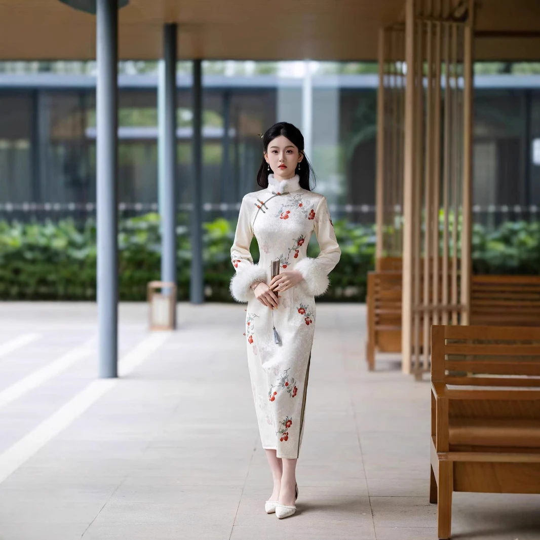 青衣  【茉莉】加绒2024冬天毛领新中式改良年轻款旗袍裙修身少女