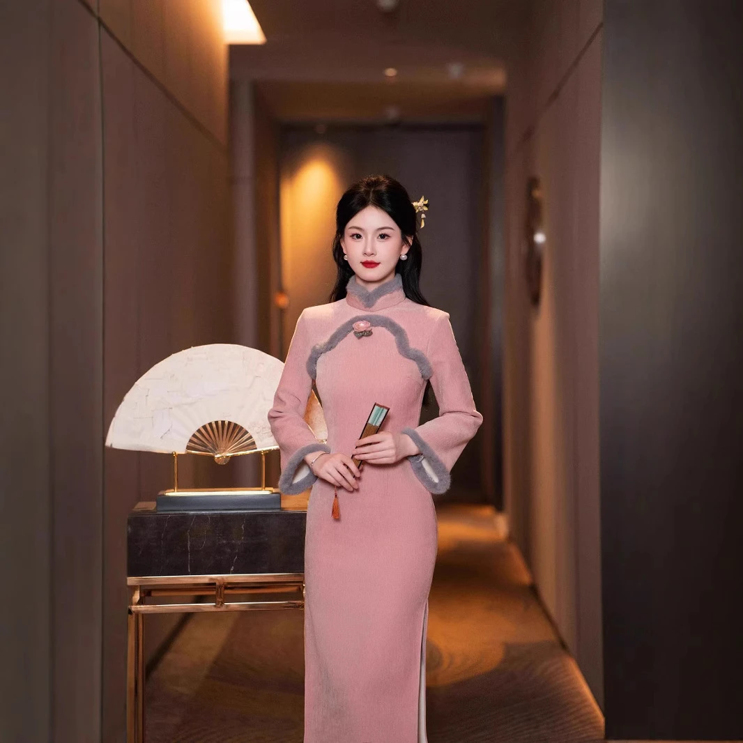 【秋意】冬季新款加绒旗袍新中式粉色年轻连衣裙温婉国风改良旗袍
