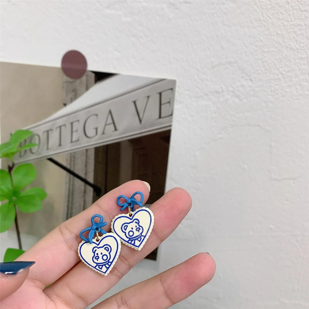 【S62】少女心小熊耳钉秋冬新款蝴蝶结蓝色耳钉