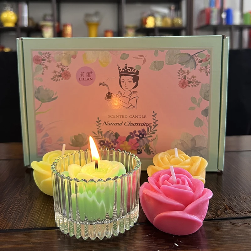 花朵蜡烛无烟彩盒套装加水晶玻璃杯纪念日气氛表白祝福浪漫礼物
