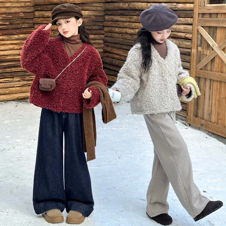 女童加厚仿皮草外套冬季新款中大童安哥拉红毛毛衣打底衫三件套潮