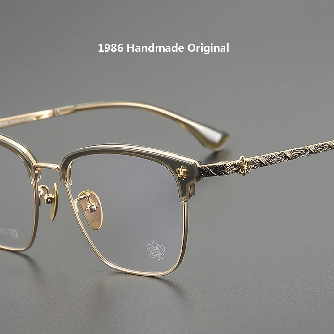 游龙限定手作复古雕花眉框大脸半框板材纯钛眼镜男潮可配近视变色