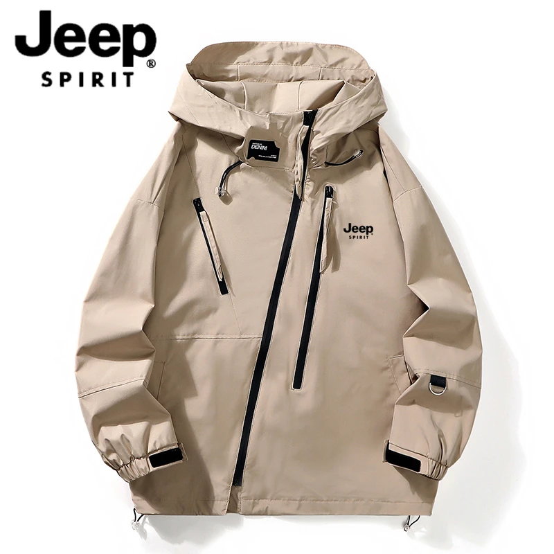 JEEP 吉普机能户外冲锋夹克春秋季美式半拉链登山系工装连帽外套