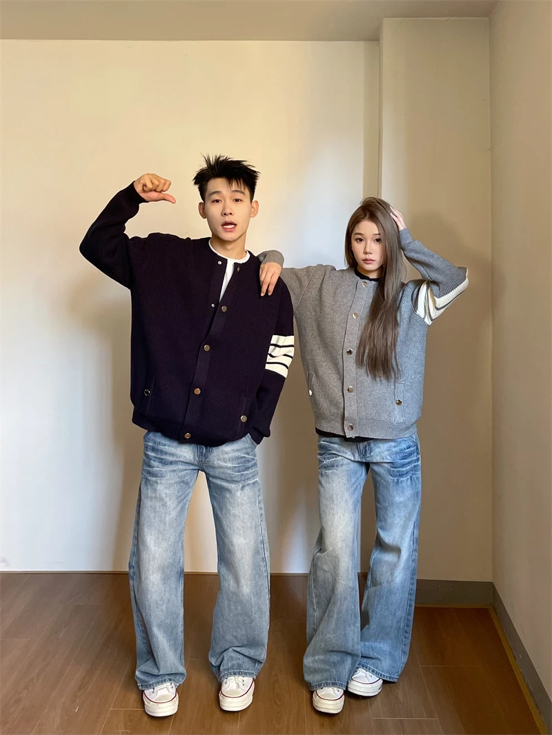 YYMDG秋冬韩系简约慵懒风条纹针织开衫毛衣外套宽松休闲百搭情侣