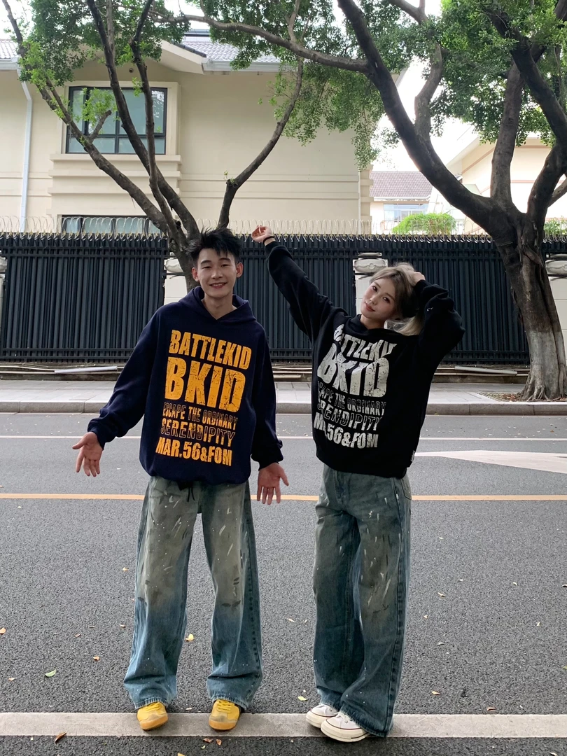 YYMDG美式复古斑驳字母连帽卫衣男女秋冬情侣国潮帽衫外套高街