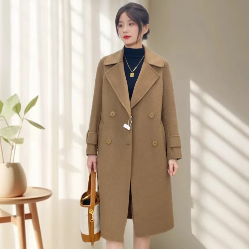 双面呢绵羊毛大衣韩版修身小个子正肩中长款休闲风腰带秋冬215