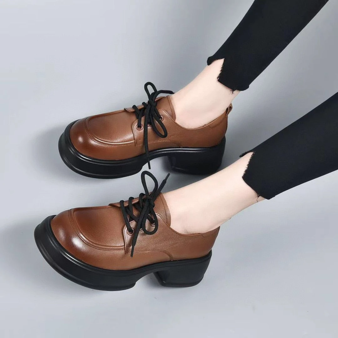 皮鞋女2024春秋新款百搭厚底单鞋系时尚带圆头粗跟复古女士大头鞋