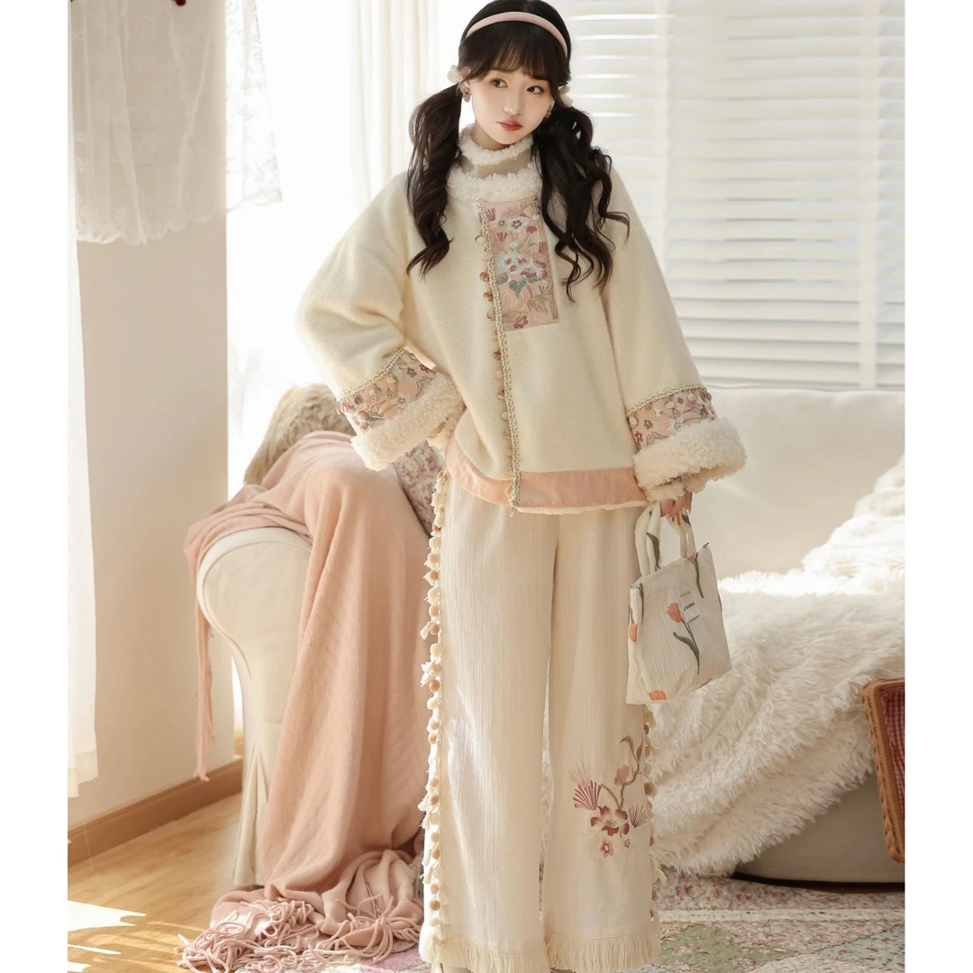 荟萃阁原创汉服【雪绒】 圆领短袄中式短衫改良宋裤日常套装秋冬