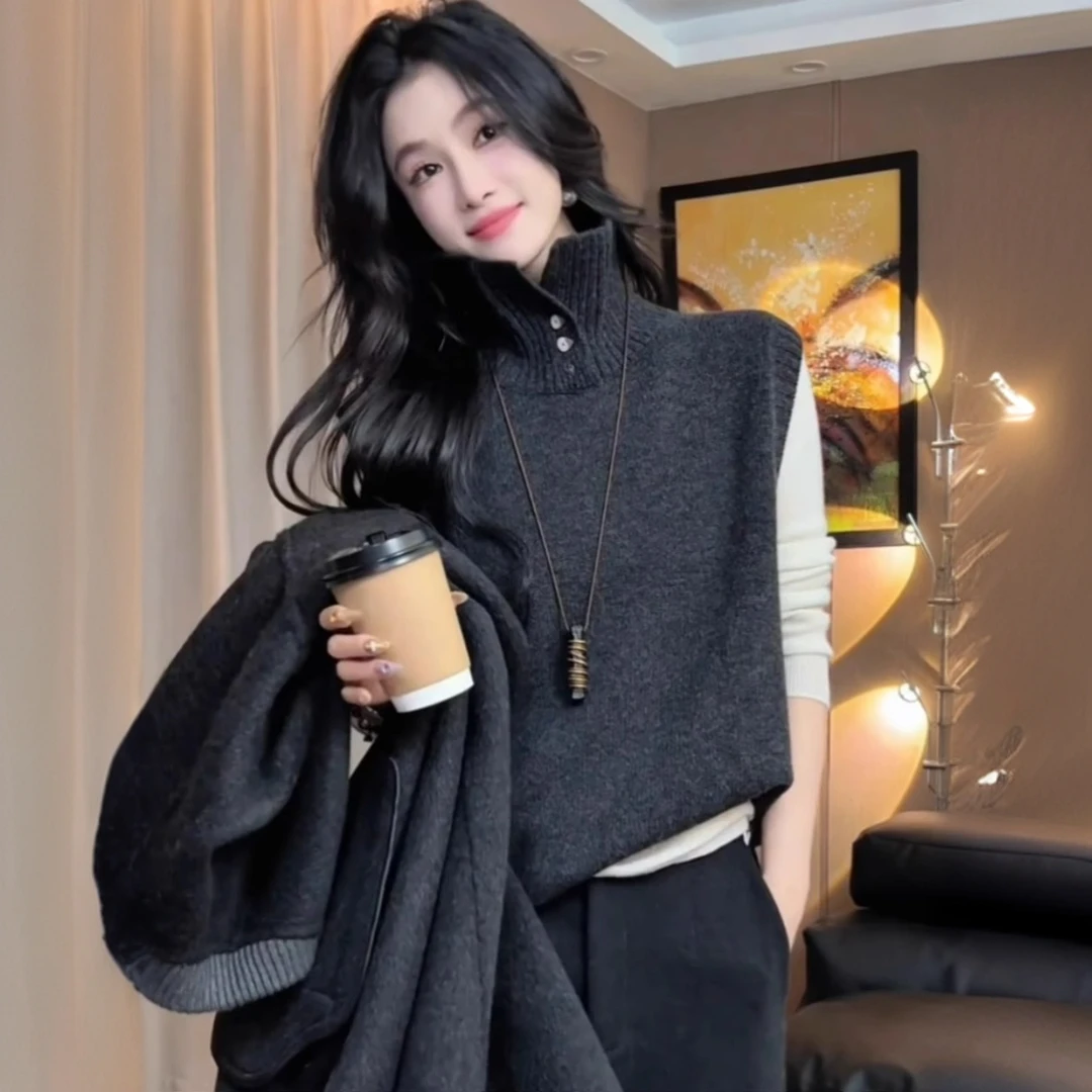 法式外穿半开高领针织衫马甲女士早秋冬叠穿保暖内搭背心毛衣上衣