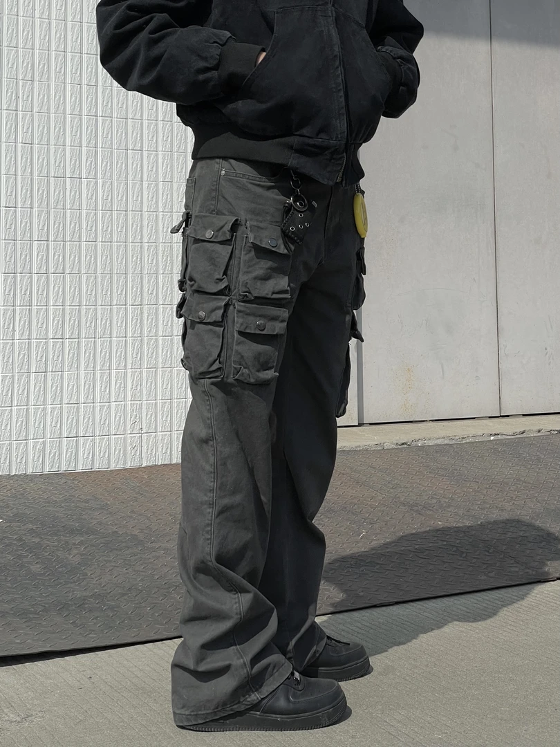 大葱美式高街碳磨水洗立体多口袋做旧微喇叭工装裤cleanfit长裤
