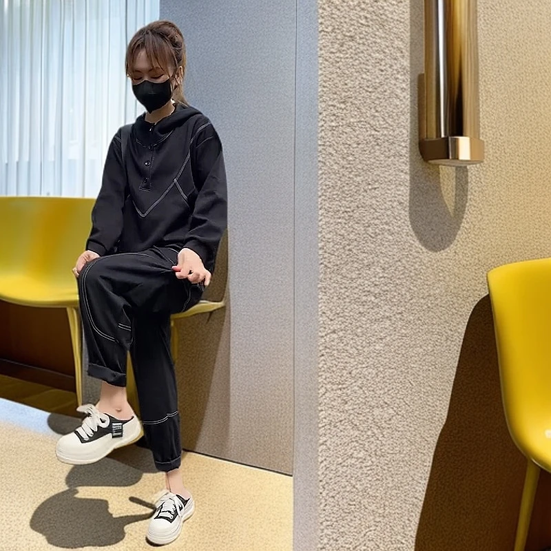 2024秋装哈伦裤显瘦套装宽松遮肉半开领明线连帽卫衣哈伦裤两件套