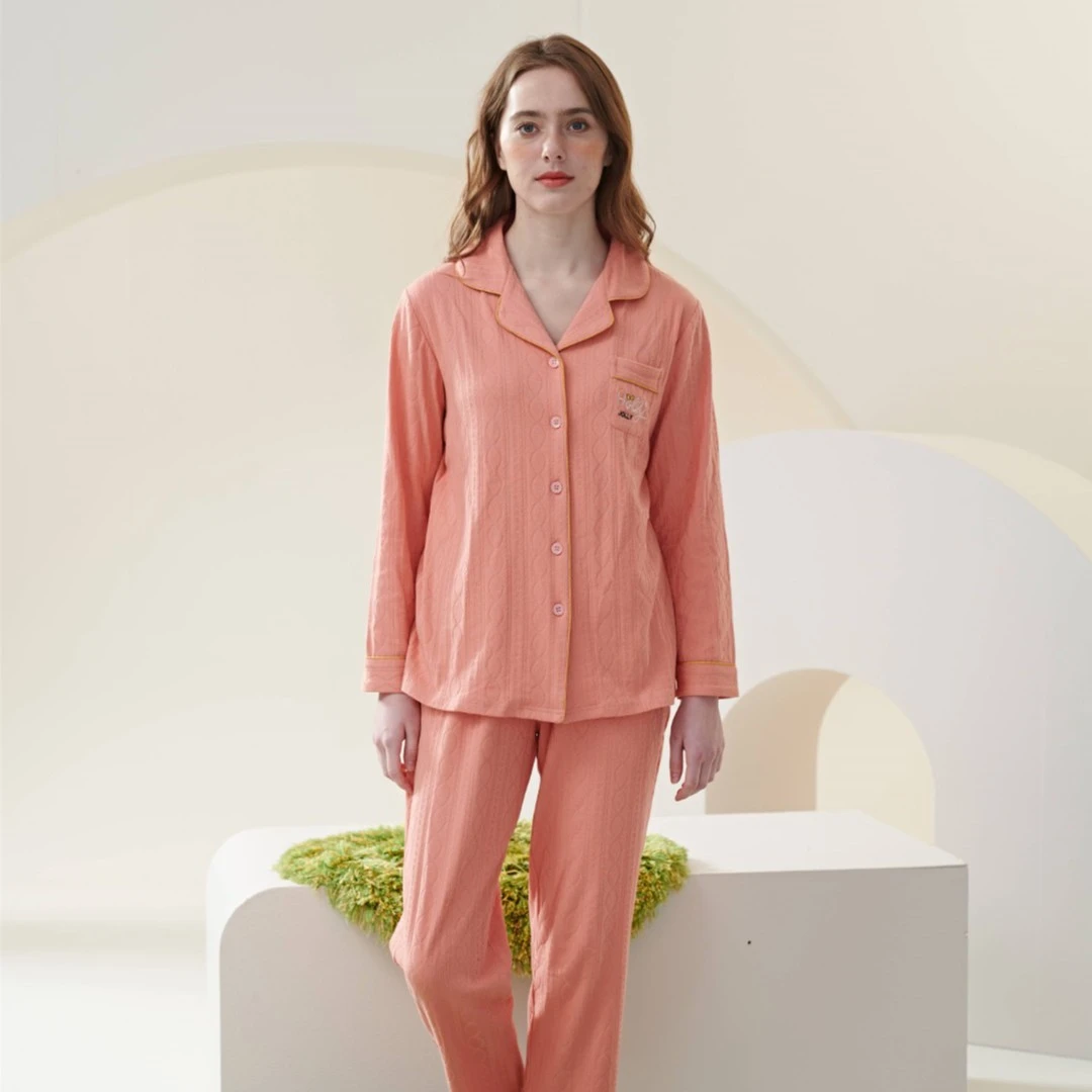 [山茶花] 姬玛春秋款针织提花长袖纯棉翻领女睡衣223186