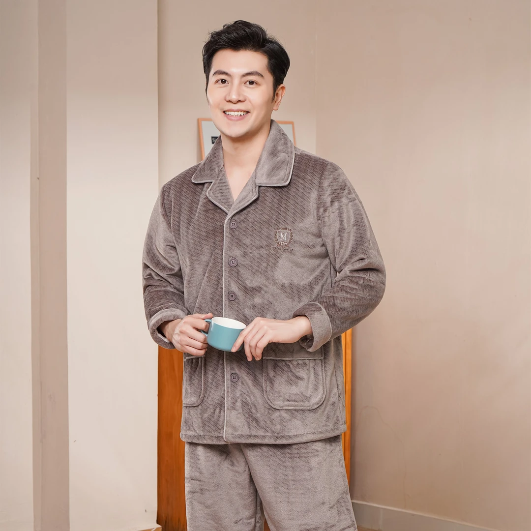 姬玛秋冬季加绒加厚保暖复合雪尼尔睡衣大码男士家居服套装238891