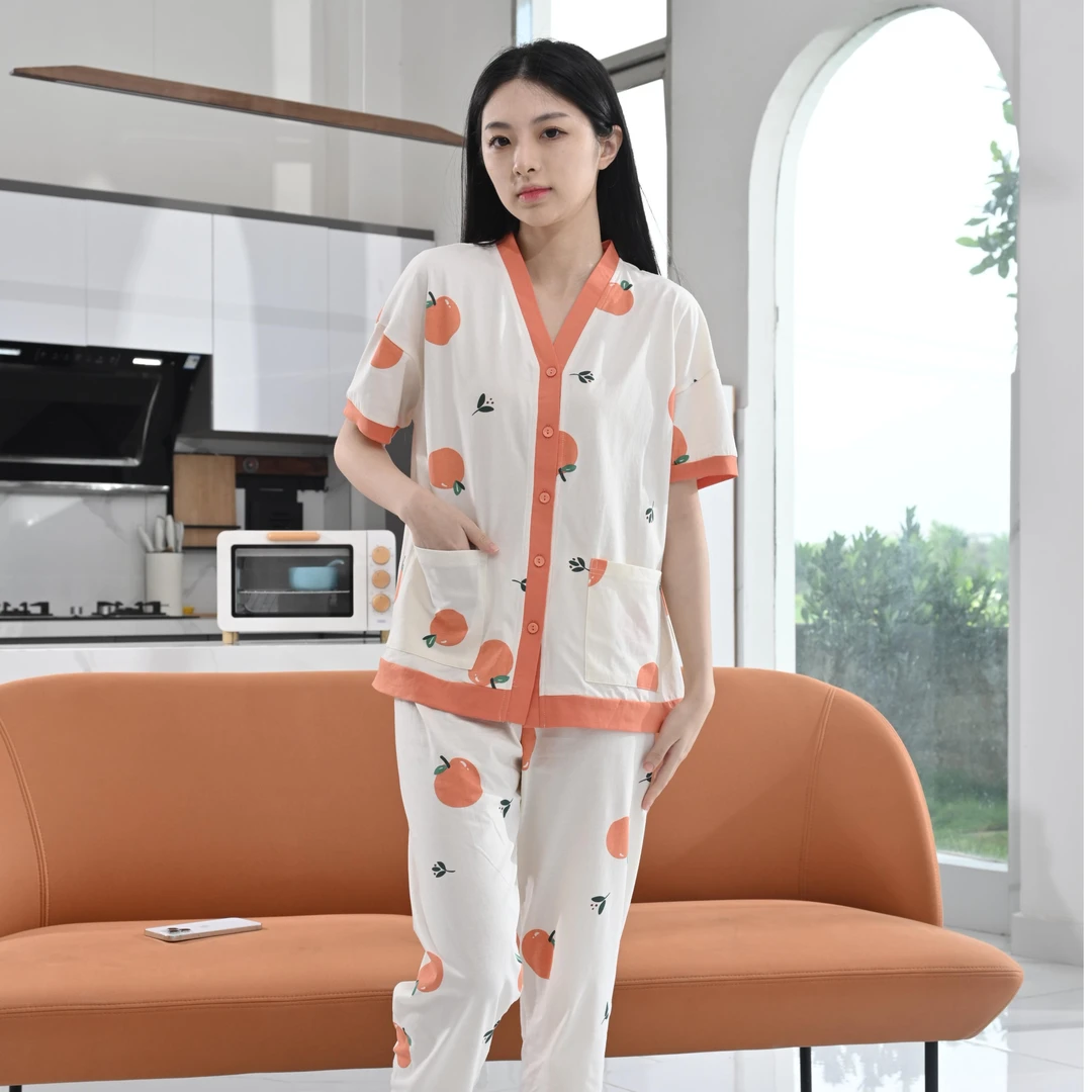 姬玛夏季针织睡衣女套装纯棉宽松短袖薄款透气家居服套装232068