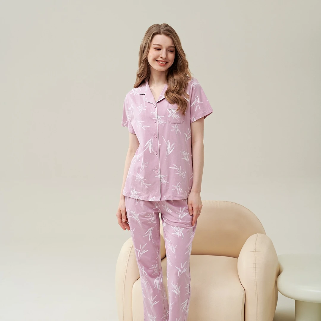 姬玛夏季薄款针织印花中年女纯棉短袖两件套睡衣家居服套装222650