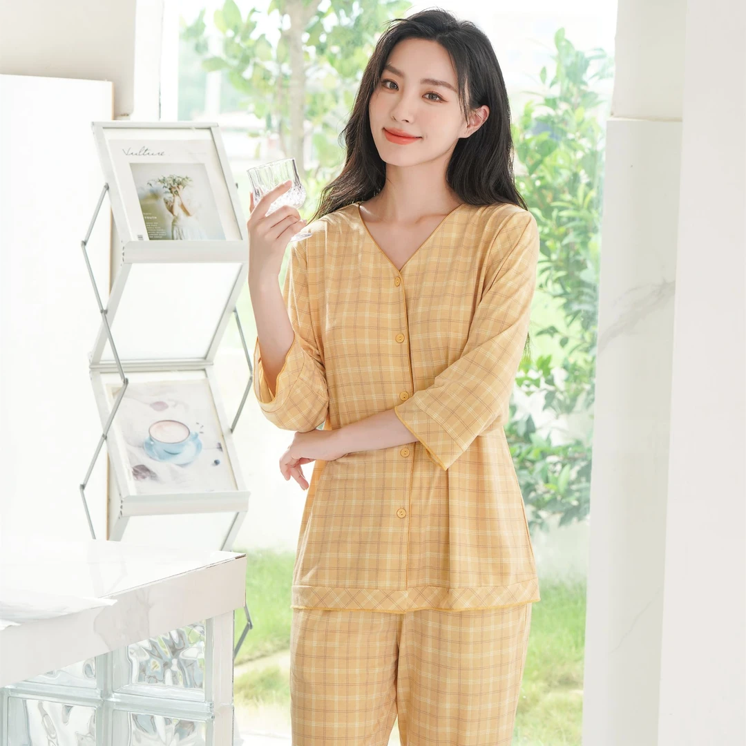 姬玛春夏款薄款冰瓷棉格纹中年女七分袖睡衣家居服套装241260