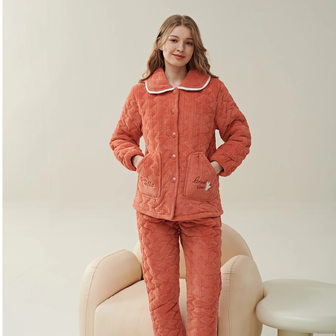 姬玛冬季三层加绒加厚夹棉保暖女士家居服套装229862