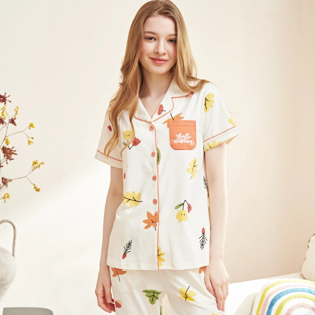 姬玛夏季简约翻领透气纯棉印花睡衣女套装222980