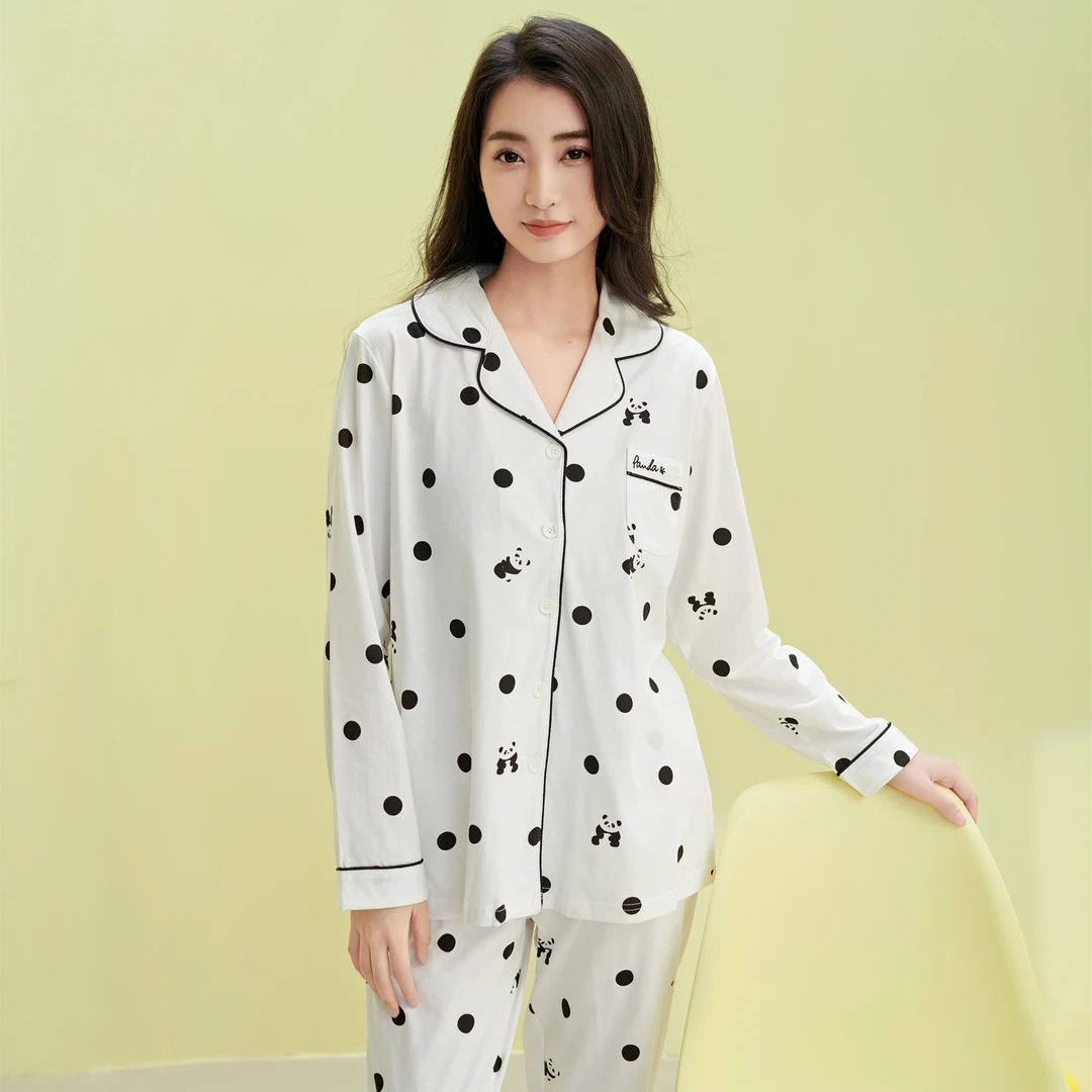 姬玛2024春夏款女睡衣纯棉长袖舒适透气简约翻领家居服套装231288
