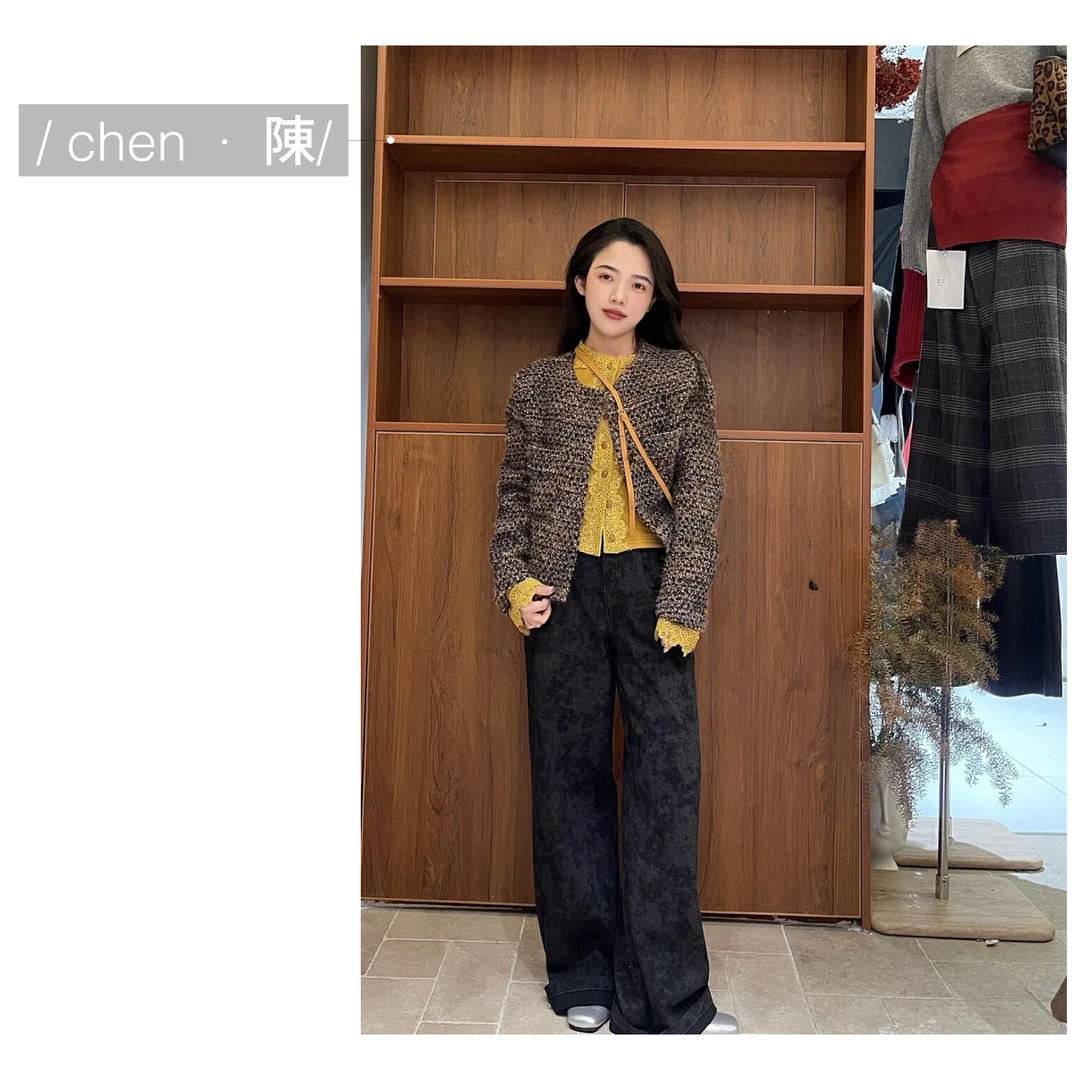 chen ·陳法式  蕾丝花边  单排扣长袖毛衣