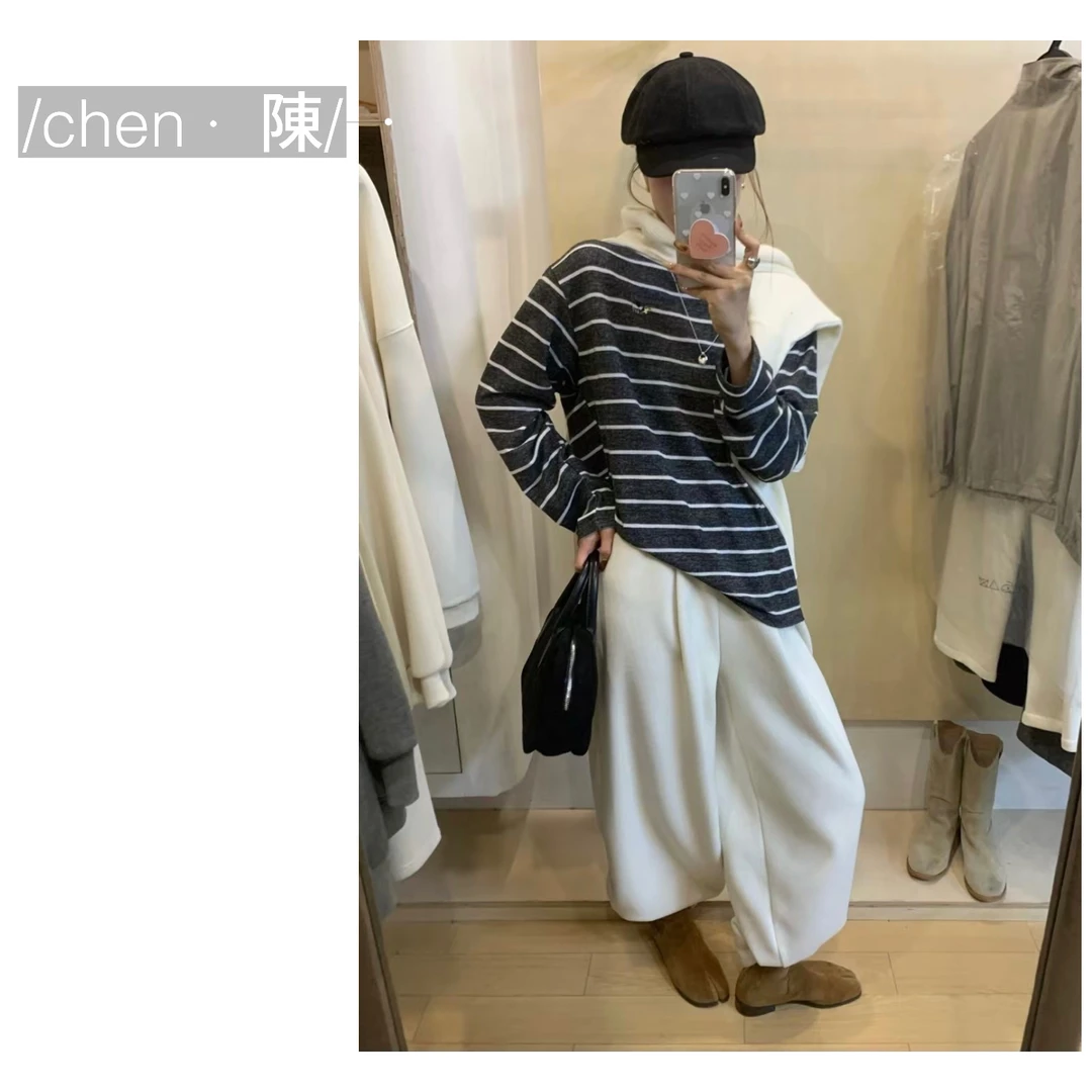 chen·陳【撞色条纹】刺绣绒面T恤