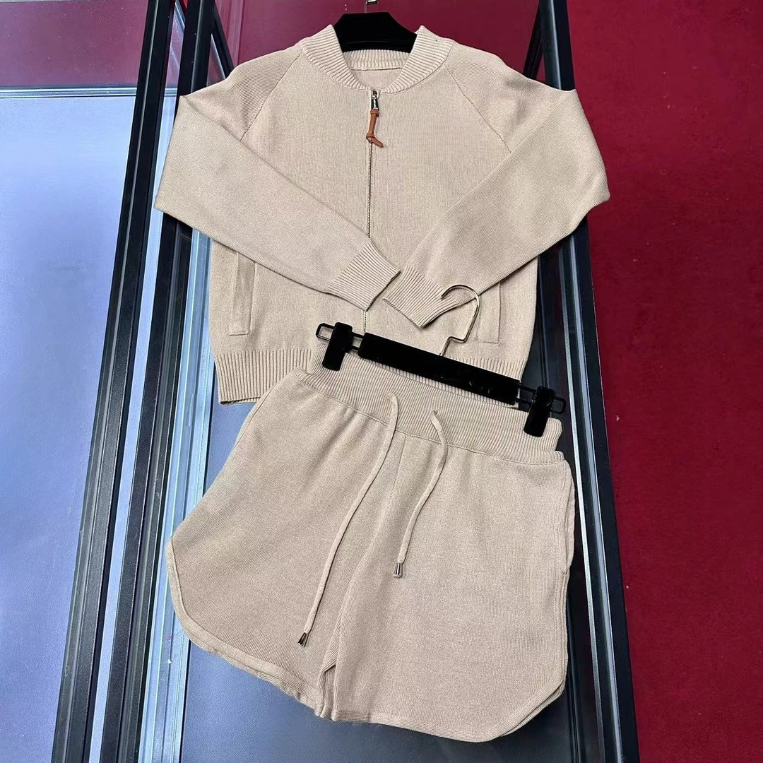 D129新款抽绳短裤长袖套装气质运动针织时尚休闲百搭女士设计师