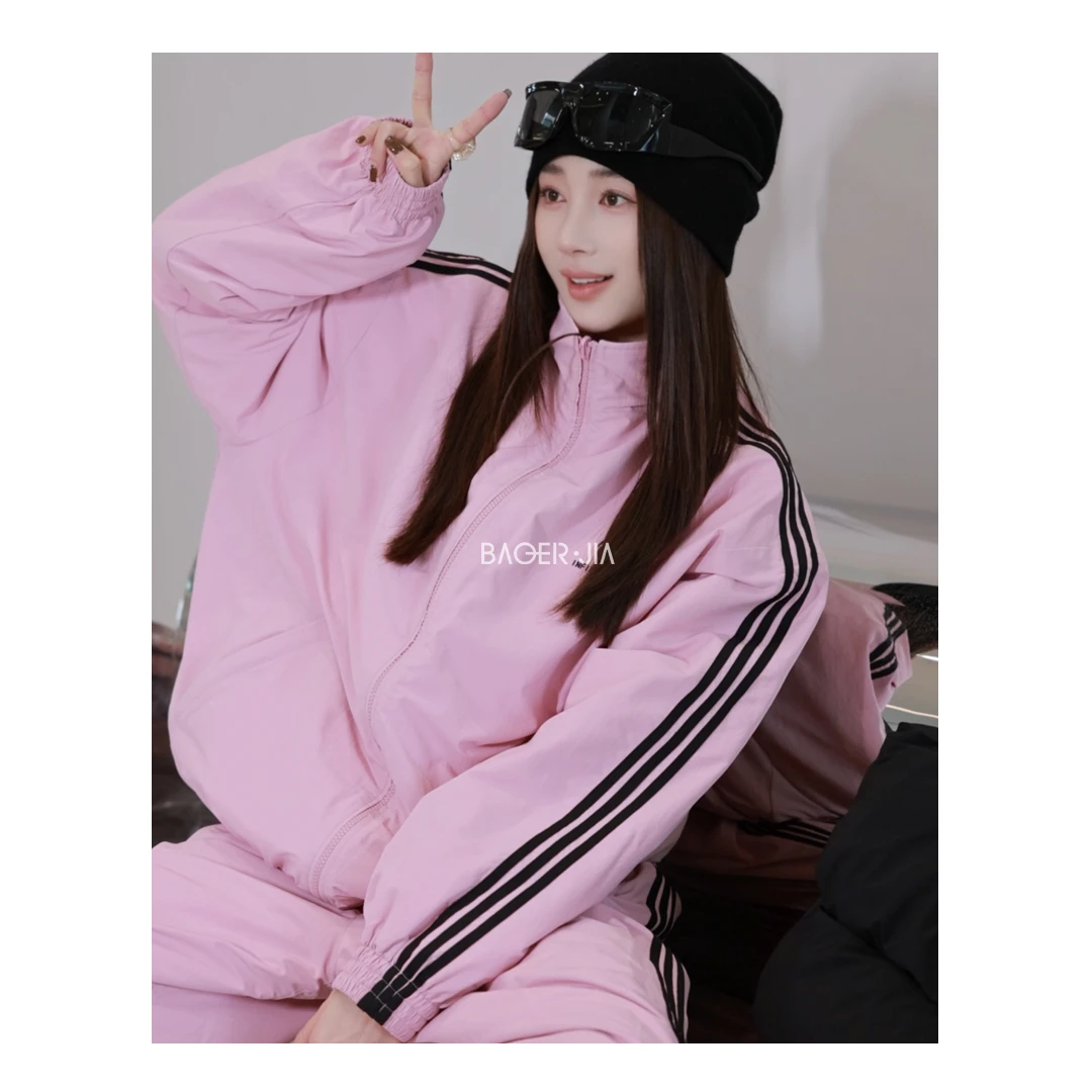 1-宝儿家含幂BF49224411冬季新款条纹时尚运动风白鹅绒上衣裤装