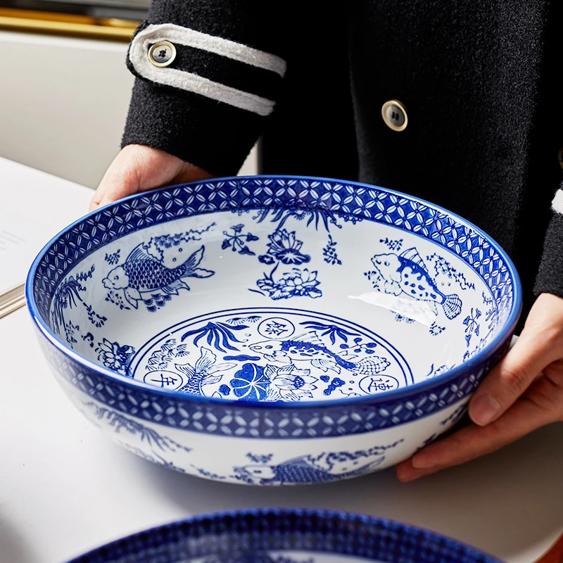 青花8/9/10/12英寸陶瓷大碗家用特大号碗和面碗酸菜鱼大碗景德镇