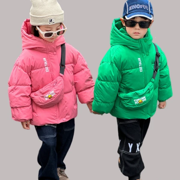 2023新款小黄鸭正品棉服男女童宝宝冬季保暖加厚连帽挎包款外套潮